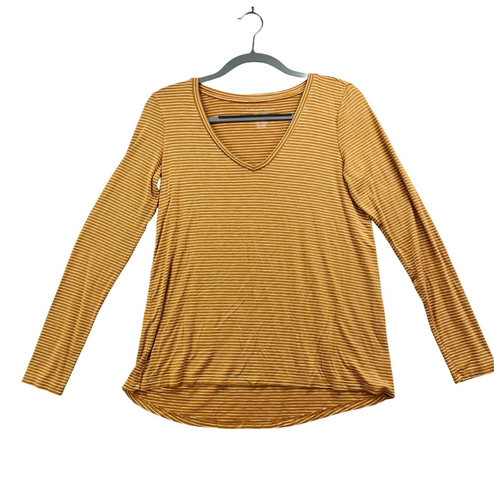American Eagle Top Womens S Mustard Stripe V-Neck Long‎ Sleeve Soft Sexy Slub